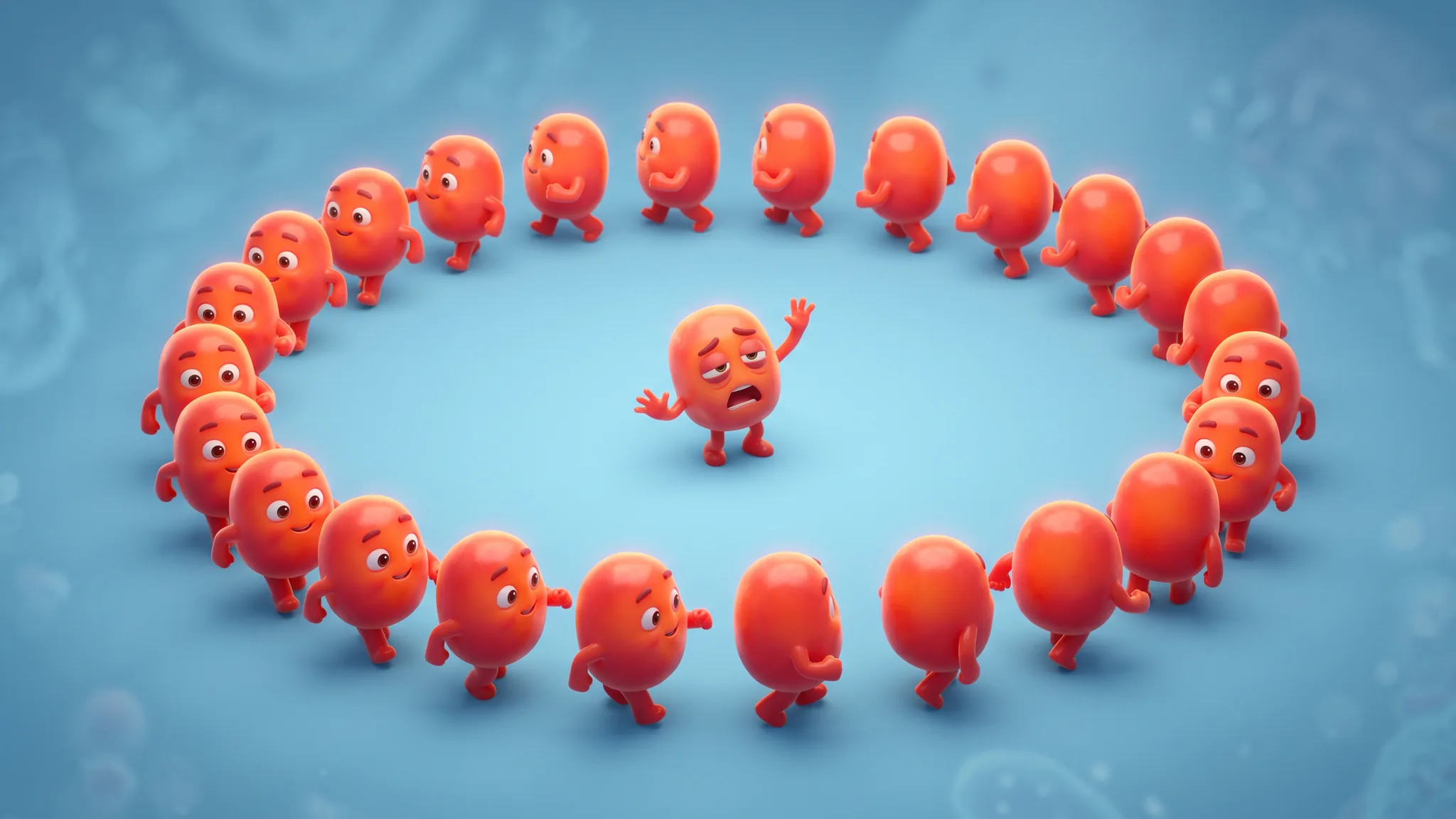 Cartoon immune cells marching endlessly in a circle in red-orange while one in the middle tries to wave them down.