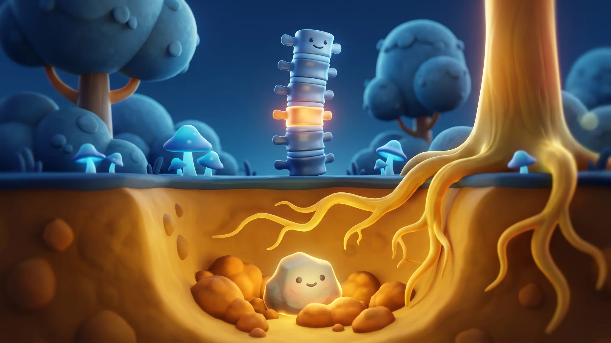 A cartoon spine with one glowing vertebra, its roots reaching down into warm golden soil beneath.