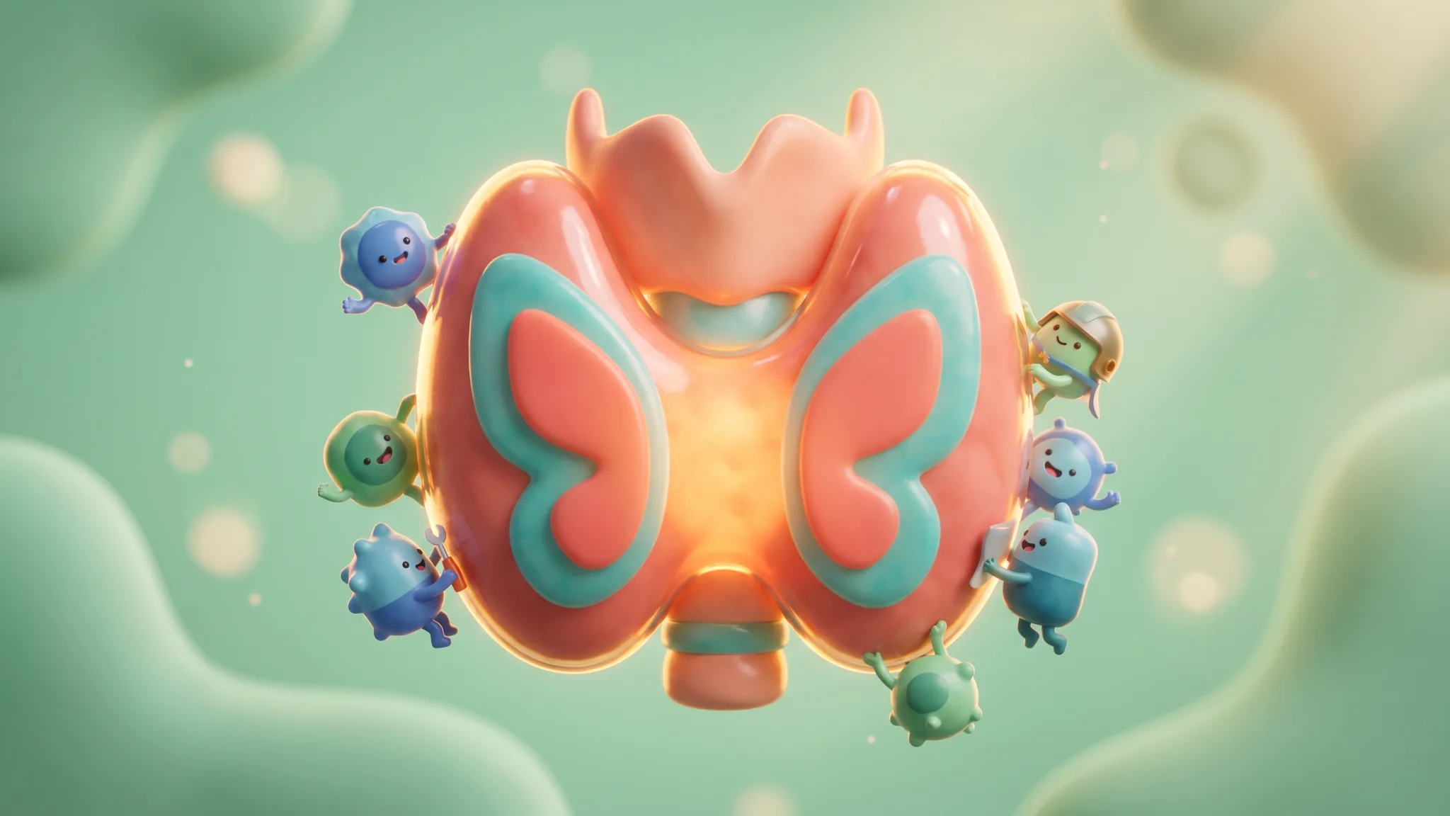A plump butterfly-shaped cartoon thyroid glowing warmly, with small immune cells fussing around its edges.
