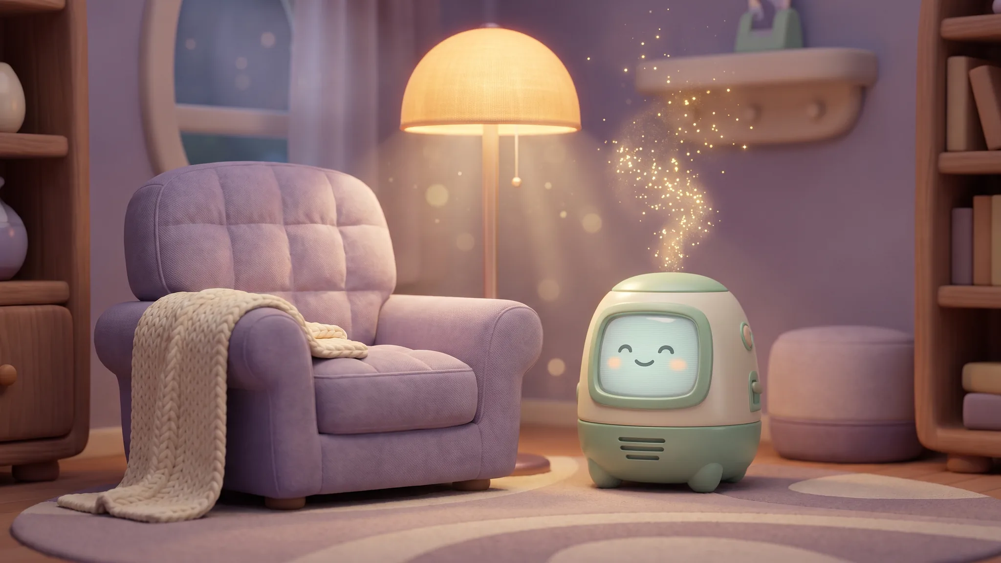 A cosy cartoon armchair beside a small rounded hydrogen machine puffing sparkles, under a warm lamp.