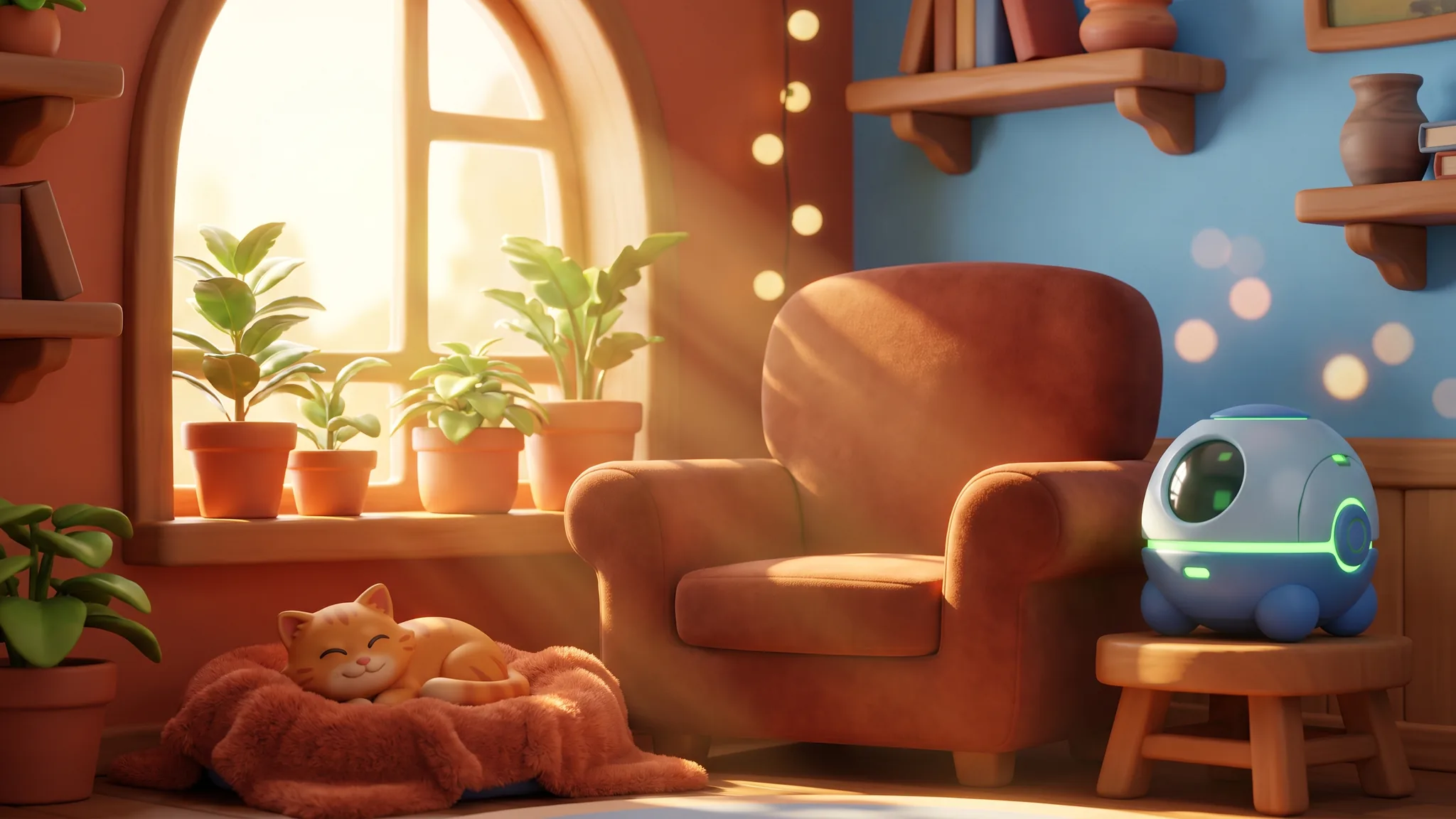A cutaway cartoon living room with a small hydrogen machine by a chair, sunlit window, plants and a sleeping cat.