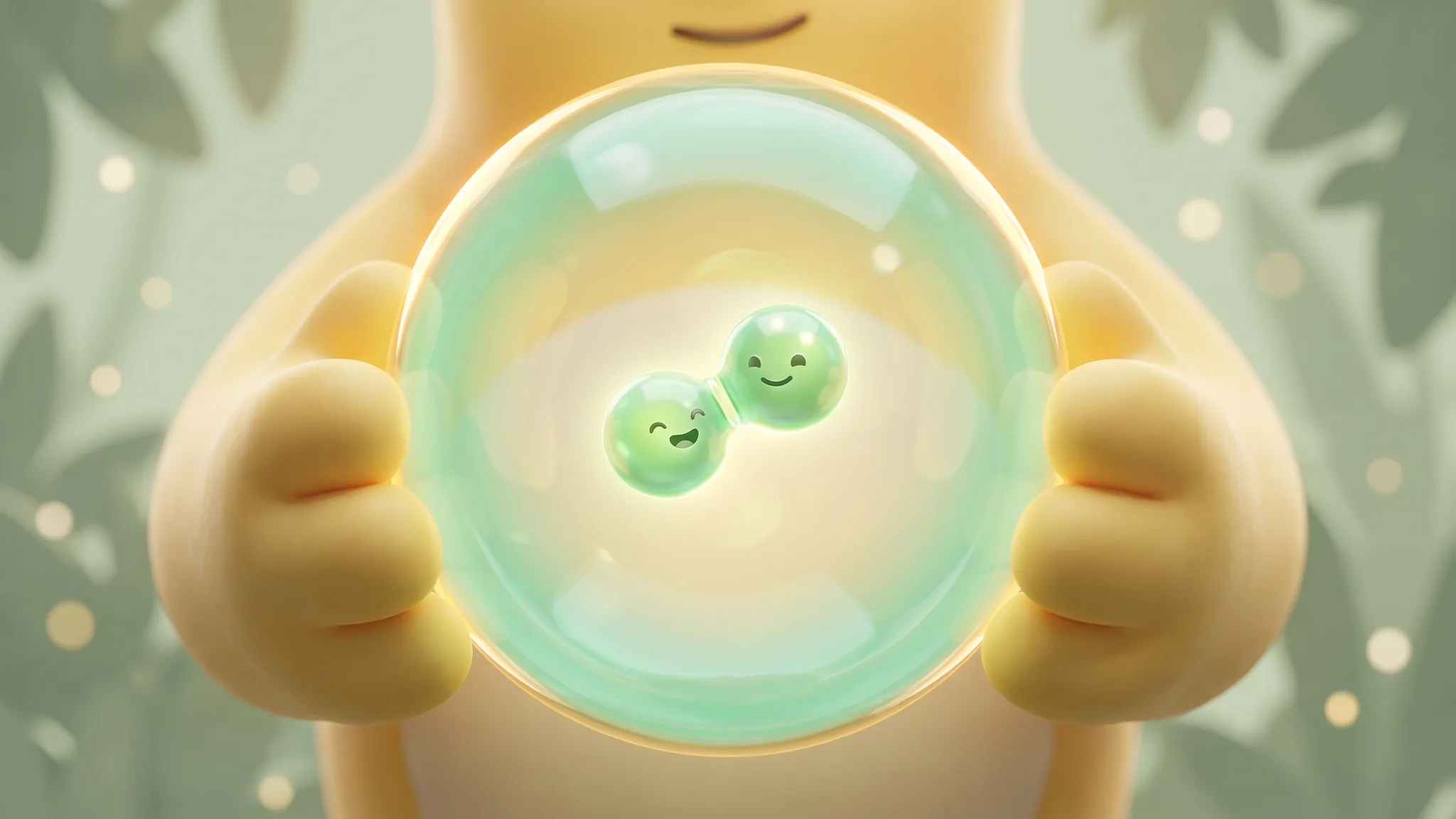 A tiny cartoon hydrogen molecule sitting safely inside a large delicate translucent bubble, in mint and yellow.