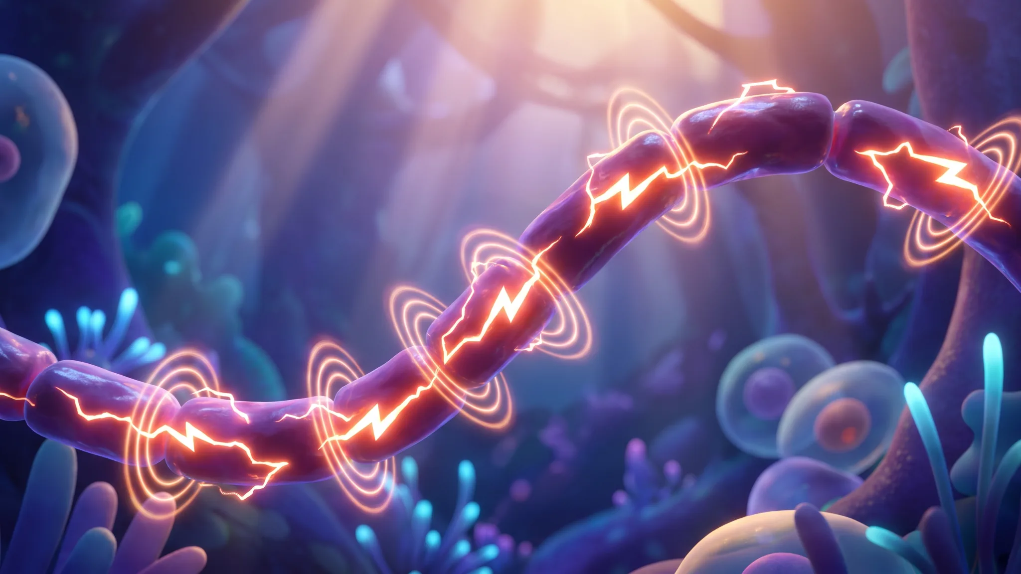 A cartoon nerve fibre crackling with orange lightning sparks along its length, on electric purple.
