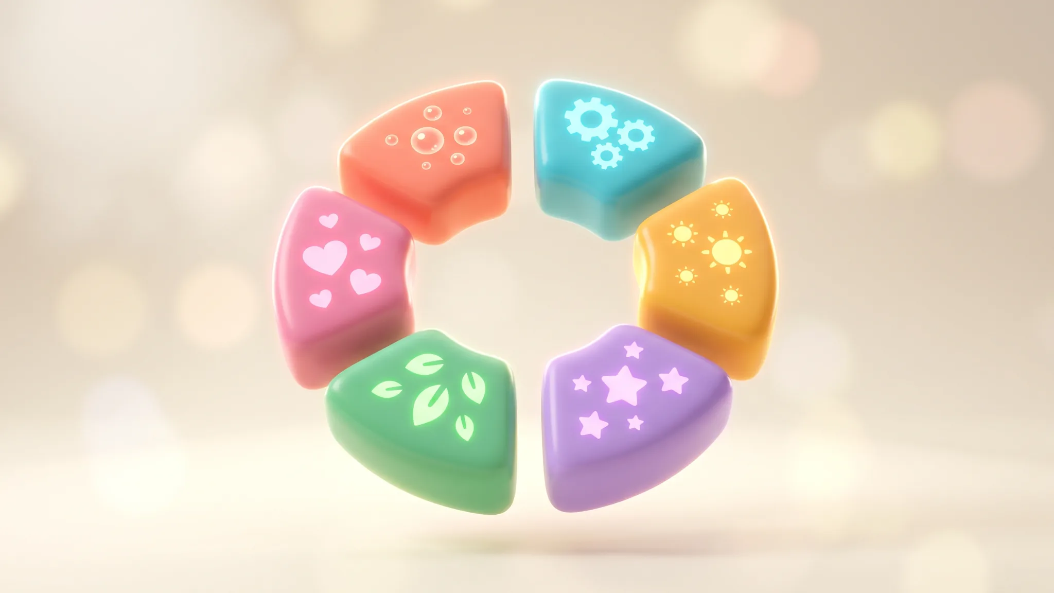 Six rounded petal segments in a ring, each a different bright colour with its own glowing contents.