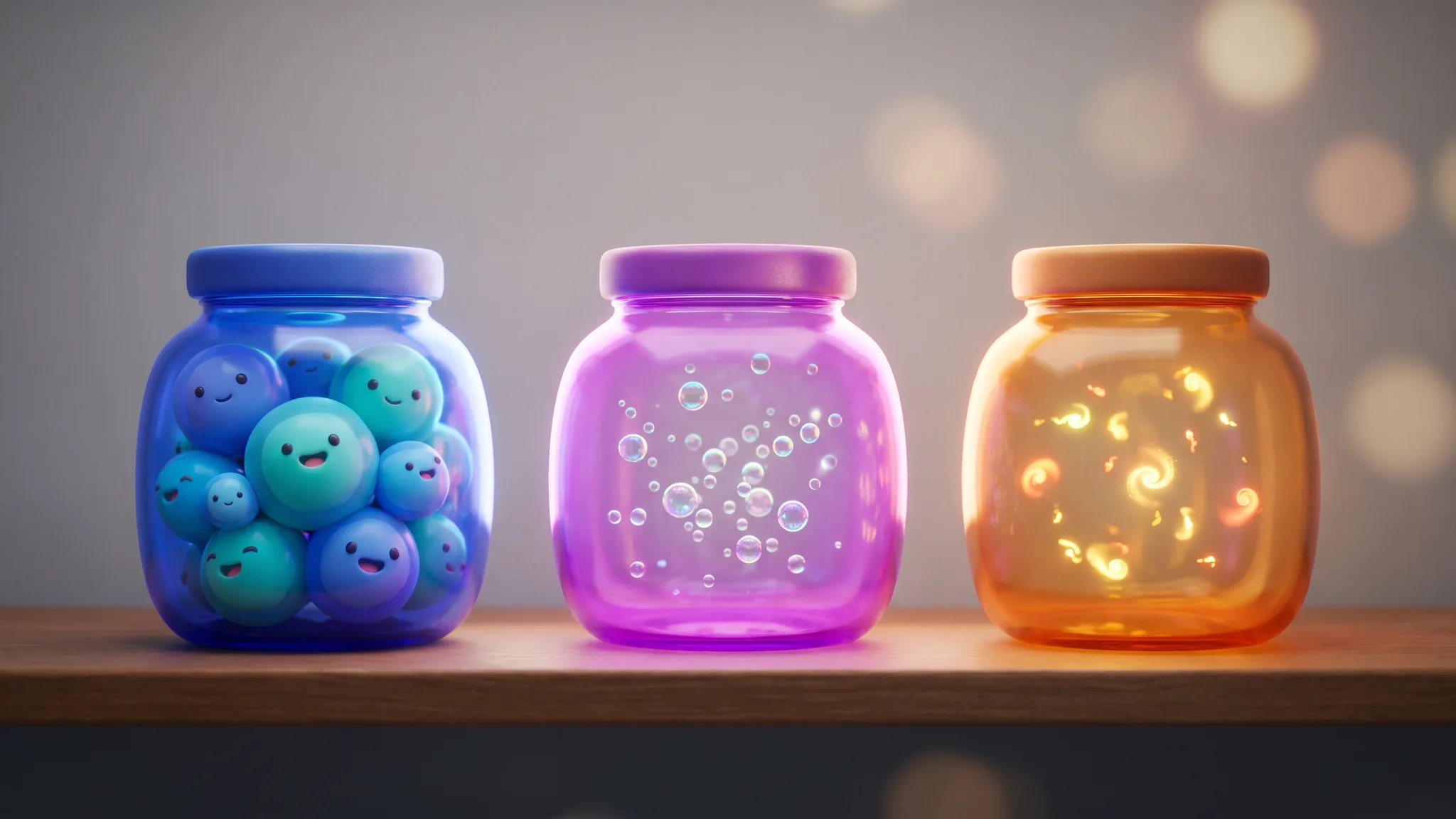 Three cartoon jars holding, in turn, plump cells, a swarm of tiny bubbles, and glowing motes — blue, violet and amber.