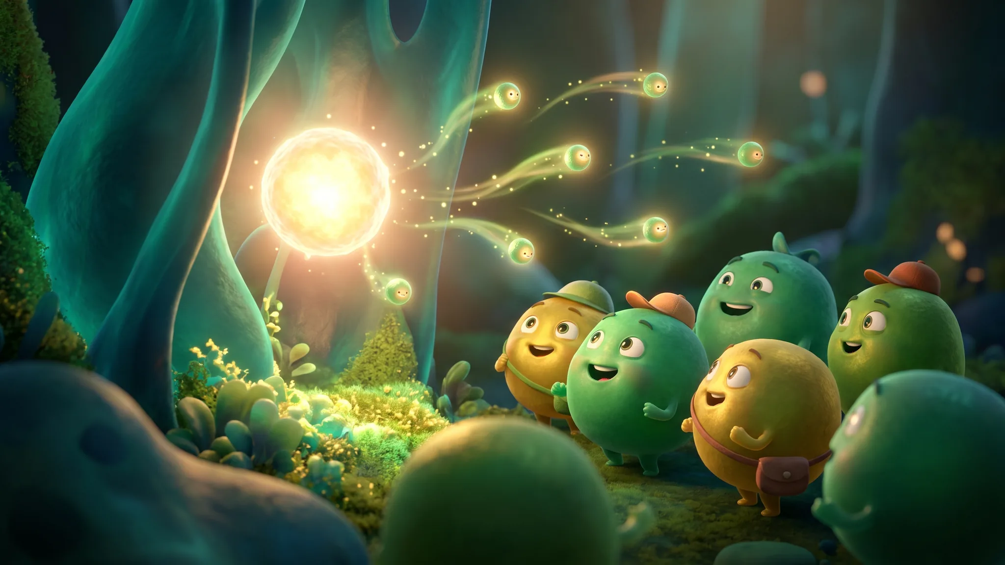 Glowing cartoon messenger orbs streaming from a bright source to round cell characters that perk up, in emerald and gold.